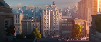 Movie still from “DC League of Super-Pets” (2022), directed by Jared Stern – An oil painting of a large building in the middle of a city; Extreme Wide shot, Low angle