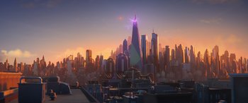 Movie still from “DC League of Super-Pets” (2022), directed by Jared Stern – A city skyline with buildings and a sky background; Extreme Wide shot, Low angle