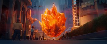 Movie still from “DC League of Super-Pets” (2022), directed by Jared Stern – An artistic rendering of an orange object floating in the air; Extreme Wide shot, Low angle