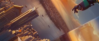 Movie still from “DC League of Super-Pets” (2022), directed by Jared Stern – An aerial view of a city with a body of water; Extreme Wide shot, Overhead angle