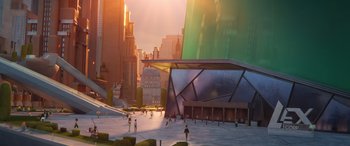 Movie still from “DC League of Super-Pets” (2022), directed by Jared Stern – People are walking in a park in a city; Extreme Wide shot, High angle