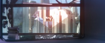 Movie still from “DC League of Super-Pets” (2022), directed by Jared Stern – A view of a city from inside a train window; Extreme Close Up shot, Low angle