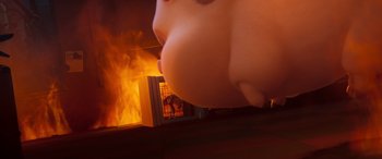Movie still from “DC League of Super-Pets” (2022), directed by Jared Stern – A fire is burning in the background of a picture; Extreme Close Up shot, Low angle