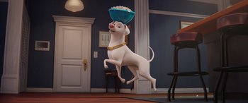 Movie still from “DC League of Super-Pets” (2022), directed by Jared Stern – A dog is jumping in the air with a bowl in its mouth; Wide shot, High angle