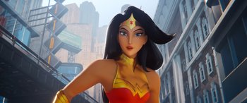 Movie still from “DC League of Super-Pets” (2022), directed by Jared Stern – A statue of wonder woman in a city setting; Close Up shot, Low angle
