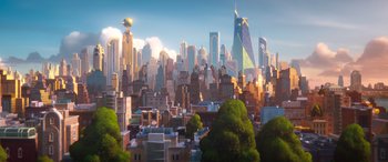 Movie still from “DC League of Super-Pets” (2022), directed by Jared Stern – An artistic painting of a city skyline with trees in the foreground; Extreme Wide shot, Low angle
