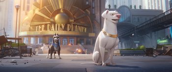 Movie still from “DC League of Super-Pets” (2022), directed by Jared Stern – Two cartoon dogs standing next to each other on a city street; Wide shot, Low angle