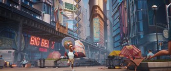 Movie still from “DC League of Super-Pets” (2022), directed by Jared Stern – An animated character walking down the street with an umbrella; Extreme Wide shot, Low angle