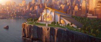 Movie still from “DC League of Super-Pets” (2022), directed by Jared Stern – A painting of a church on top of a cliff; Extreme Wide shot, High angle