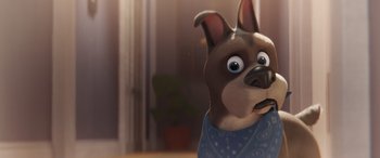 Movie still from “DC League of Super-Pets” (2022), directed by Jared Stern – A cartoon dog with a blue shirt on; Close Up shot, Over the shoulder angle
