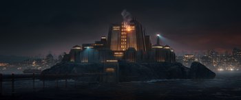 Movie still from “DC League of Super-Pets” (2022), directed by Jared Stern – An image of a building that is lit up at night; Extreme Wide shot, Low angle