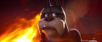 Movie still from “DC League of Super-Pets” (2022), directed by Jared Stern – A cartoon dog with its mouth wide open; Close Up shot, Low angle