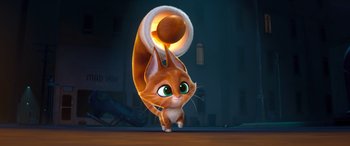 Movie still from “DC League of Super-Pets” (2022), directed by Jared Stern – An animated cat with an orange ball in it's tail; Wide shot, High angle