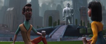 Movie still from “DC League of Super-Pets” (2022), directed by Jared Stern – An image of an animated woman and a man in a suit; Wide shot, Over the shoulder angle
