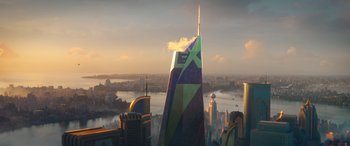 Movie still from “DC League of Super-Pets” (2022), directed by Jared Stern – An aerial view of a city skyline with a skyscraper in the background; Extreme Wide shot, Low angle
