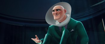 Movie still from “DC League of Super-Pets” (2022), directed by Jared Stern – An animated man wearing a green suit and a white hat; Medium shot, Low angle