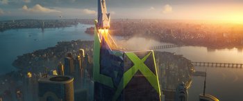 Movie still from “DC League of Super-Pets” (2022), directed by Jared Stern – An aerial view of a building with a space shuttle on top of it; Extreme Wide shot, Low angle