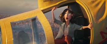 Movie still from “DC League of Super-Pets” (2022), directed by Jared Stern – An animated woman is sitting in the back of a helicopter; Medium shot, Low angle