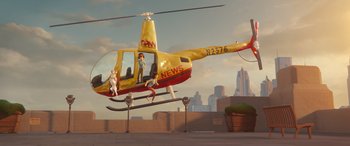 Movie still from “DC League of Super-Pets” (2022), directed by Jared Stern – An animated helicopter flying over a city with people in it; Extreme Wide shot, Low angle