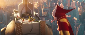 Movie still from “DC League of Super-Pets” (2022), directed by Jared Stern – An image of an animated scene with a helicopter in the background; Extreme Wide shot, Low angle