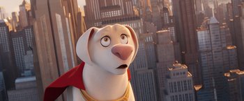 Movie still from “DC League of Super-Pets” (2022), directed by Jared Stern – A dog with a red cape looking up at the sky; Close Up shot, High angle
