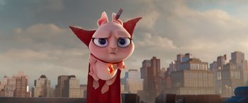Movie still from “DC League of Super-Pets” (2022), directed by Jared Stern – An image of an animated character in a city setting; Medium shot, Low angle