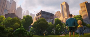 Movie still from “DC League of Super-Pets” (2022), directed by Jared Stern – A person standing in a park near a tree; Extreme Wide shot, High angle