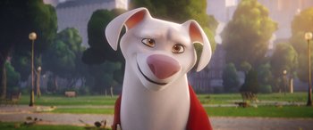 Movie still from “DC League of Super-Pets” (2022), directed by Jared Stern – A cartoon dog with a red blanket around its neck; Close Up shot, High angle