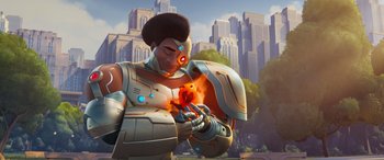 Movie still from “DC League of Super-Pets” (2022), directed by Jared Stern – An image of a woman holding a fire bird in her hands; Medium shot, Low angle