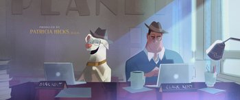 Movie still from “DC League of Super-Pets” (2022), directed by Jared Stern – A cartoon of a man and a dog sitting at a table; Wide shot, High angle