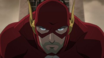 Movie still from “DC Showcase: Constantine - The House of Mystery” (2022), directed by Matt Peters – The face of a man in a flash costume; Close Up shot, Low angle