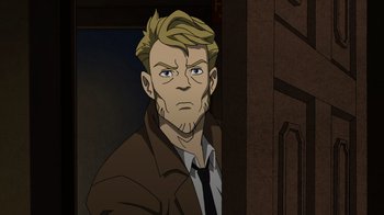 Movie still from “DC Showcase: Constantine - The House of Mystery” (2022), directed by Matt Peters – A man with blonde hair wearing a suit and tie; Close Up shot, High angle