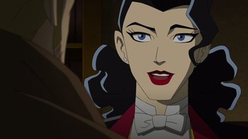 Movie still from “DC Showcase: Constantine - The House of Mystery” (2022), directed by Matt Peters – A woman's face in a cartoon style; Close Up shot, Over the shoulder angle