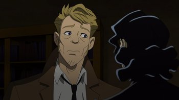 Movie still from “DC Showcase: Constantine - The House of Mystery” (2022), directed by Matt Peters – A man in a brown coat and a black tie; Close Up shot, Over the shoulder angle