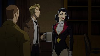 Movie still from “DC Showcase: Constantine - The House of Mystery” (2022), directed by Matt Peters – A man and a woman standing next to each other in a room; Medium shot, Over the shoulder angle