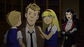 Movie still from “DC Showcase: Constantine - The House of Mystery” (2022), directed by Matt Peters – A group of people standing next to each other in a room; Medium shot, Over the shoulder angle