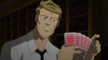 Movie still from “DC Showcase: Constantine - The House of Mystery” (2022), directed by Matt Peters – A man holding a deck of playing cards in front of a bookshelf; Medium shot, Over the shoulder angle