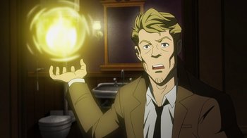 Movie still from “DC Showcase: Constantine - The House of Mystery” (2022), directed by Matt Peters – A man in a suit and tie holding a yellow ball; Medium shot, High angle
