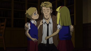 Movie still from “DC Showcase: Constantine - The House of Mystery” (2022), directed by Matt Peters – A man and two girls standing next to a man; Medium shot, Over the shoulder angle