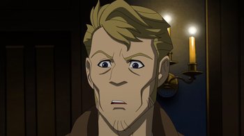 Movie still from “DC Showcase: Constantine - The House of Mystery” (2022), directed by Matt Peters – An animated picture of a man with a surprised look on his face; Close Up shot, High angle