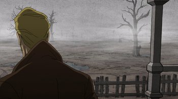 Movie still from “DC Showcase: Constantine - The House of Mystery” (2022), directed by Matt Peters – A man is looking out over a barren field; Wide shot, Over the shoulder angle