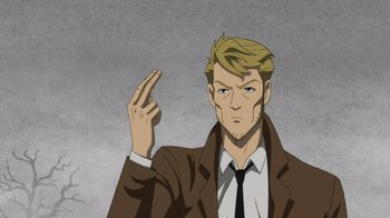 Movie still from “DC Showcase: Constantine - The House of Mystery” (2022), directed by Matt Peters – An animated man in a suit and tie; Close Up shot, High angle