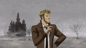 Movie still from “DC Showcase: Constantine - The House of Mystery” (2022), directed by Matt Peters – An animated man in a brown jacket and a tie; Medium shot, Over the shoulder angle