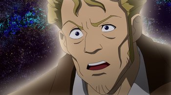 Movie still from “DC Showcase: Constantine - The House of Mystery” (2022), directed by Matt Peters – An animation of a man looking surprised at the camera; Close Up shot, High angle