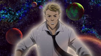 Movie still from “DC Showcase: Constantine - The House of Mystery” (2022), directed by Matt Peters – A man in a white shirt and a black neck tie; Medium shot, Low angle