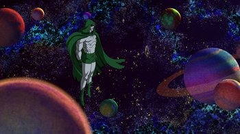 Movie still from “DC Showcase: Constantine - The House of Mystery” (2022), directed by Matt Peters – An image of a man that is in the middle of space; Extreme Wide shot, Low angle