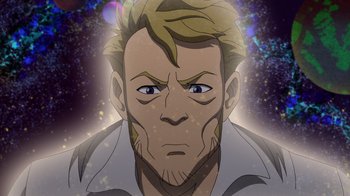 Movie still from “DC Showcase: Constantine - The House of Mystery” (2022), directed by Matt Peters – An illustration of a man in a white shirt; Close Up shot, High angle