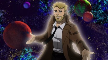 Movie still from “DC Showcase: Constantine - The House of Mystery” (2022), directed by Matt Peters – An animated picture of a man in a brown jacket; Medium shot, Over the shoulder angle