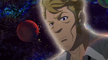 Movie still from “DC Showcase: Constantine - The House of Mystery” (2022), directed by Matt Peters – An illustration of a man looking at a red planet in the background; Close Up shot, High angle
