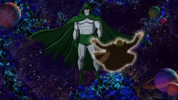 Movie still from “DC Showcase: Constantine - The House of Mystery” (2022), directed by Matt Peters – A man with a cape and a mask on standing next to another man; Wide shot, Low angle